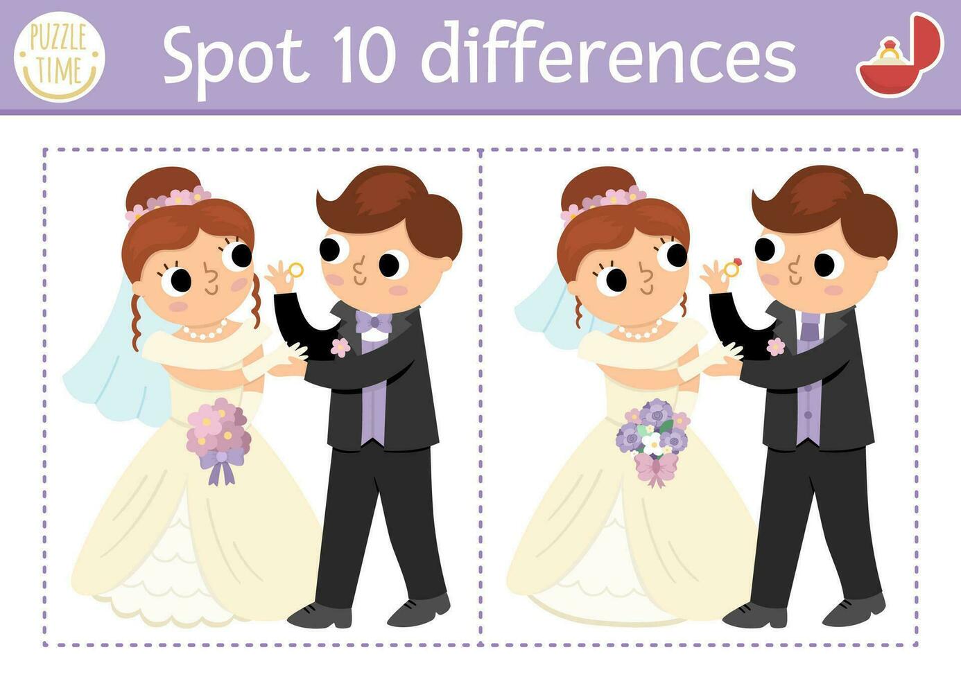 Find differences game for children. Wedding educational activity with cute married couple. Marriage ceremony puzzle for kids with funny bride, groom and ring. Printable worksheet or page vector