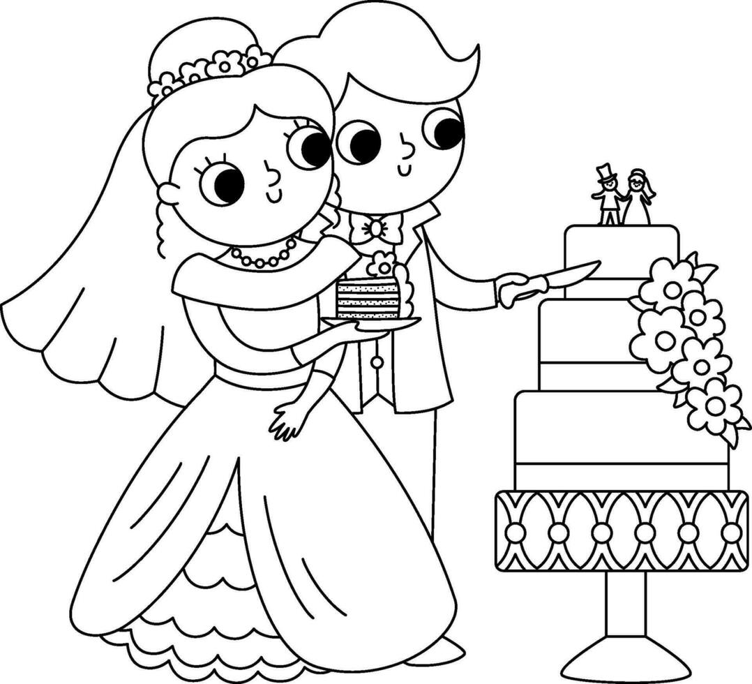 Vector black and white illustration with bride and groom. Cute just married couple. Wedding ceremony line icon. Cartoon marriage coloring page with newly married couple cutting cake