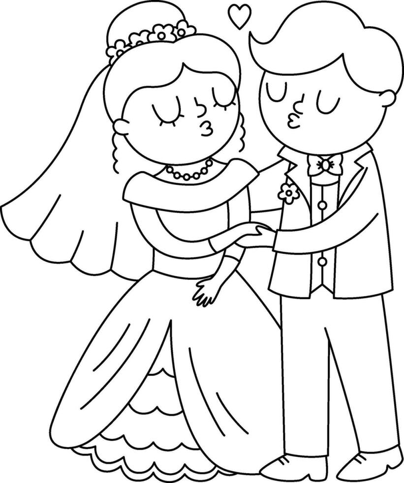 Vector black and white illustration with kissing bride and groom. Cute