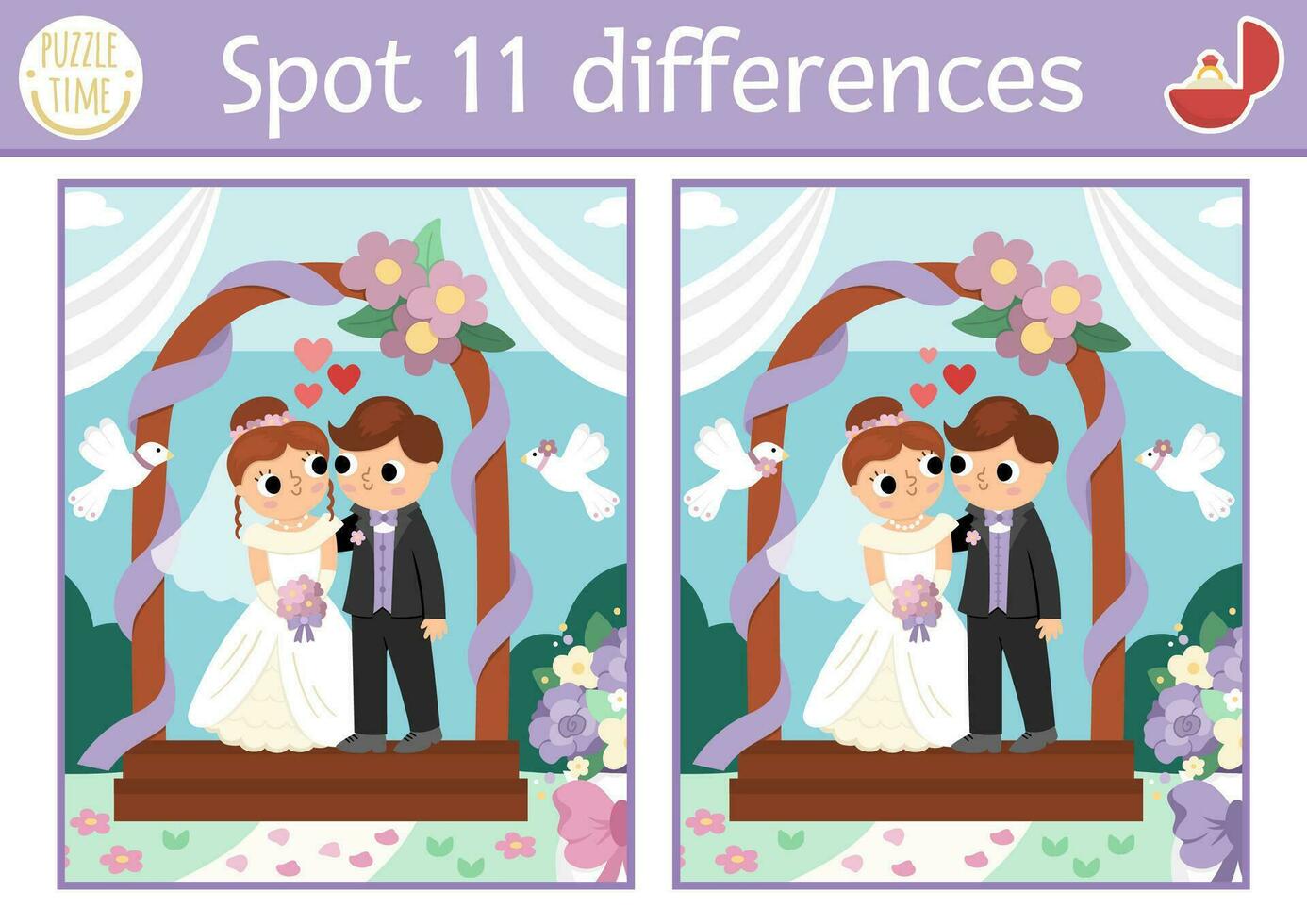 Find differences game for children. Wedding educational activity with cute married couple. Marriage ceremony puzzle for kids with funny bride, groom and arch. Printable worksheet or page vector
