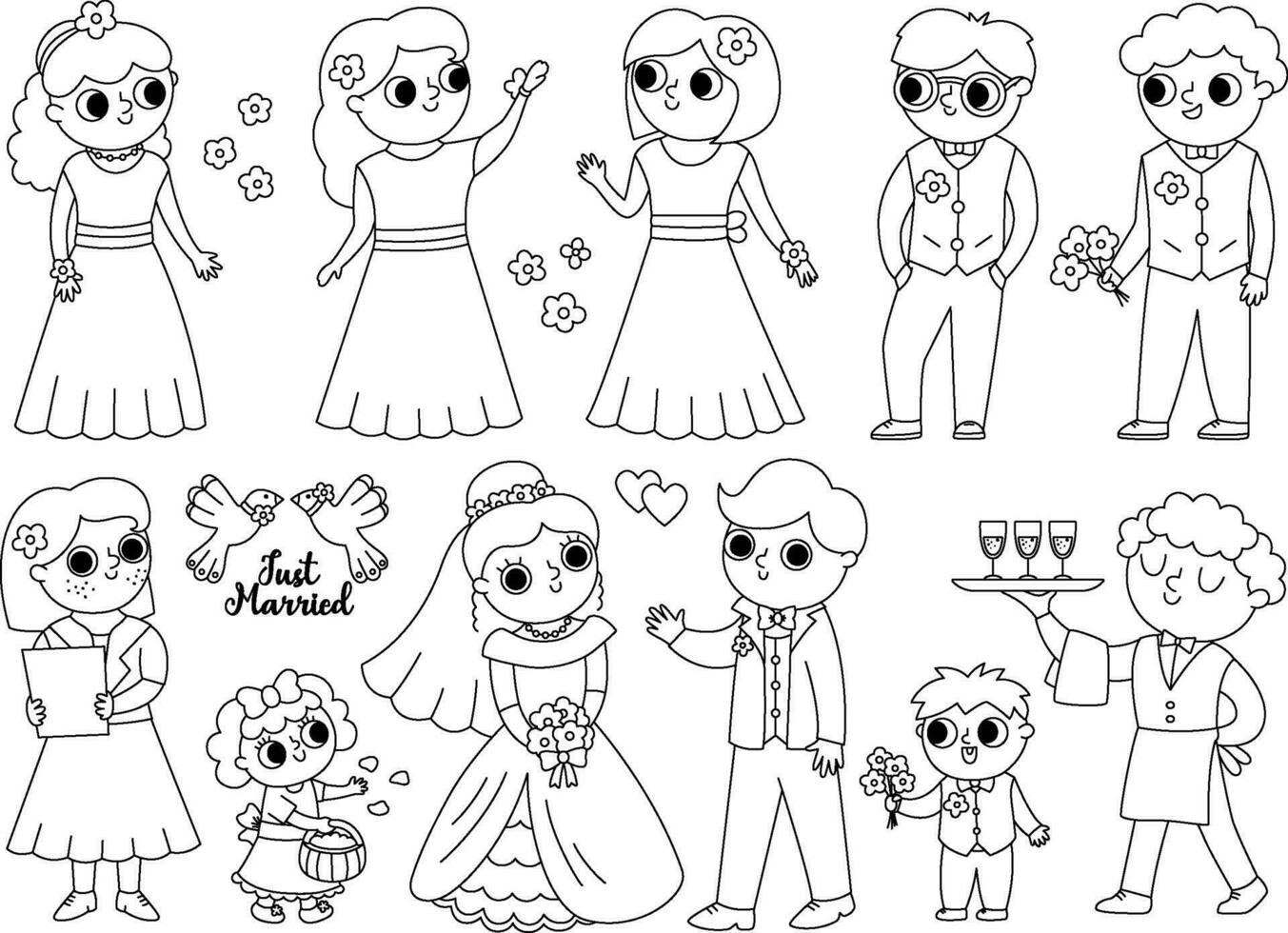Vector black and white set with bride, groom and their guests. Cute just married couple with bridesmaids, bridegrooms, children, waiter, registrar. Wedding ceremony coloring page