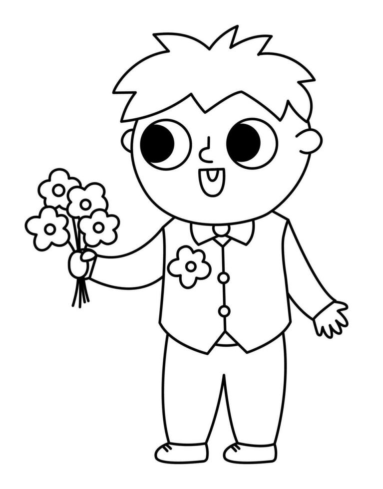 Vector black and white little bridegroom illustration. Cute outline boy in vest with flower bouquet. Wedding ceremony kid line icon. Cartoon marriage guest. Elegant baby coloring page