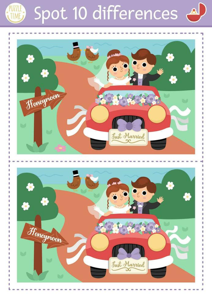 Find differences game for children. Wedding educational activity with cute married couple. Marriage ceremony puzzle for kids with bride and groom going to Honeymoon. Printable worksheet, page vector