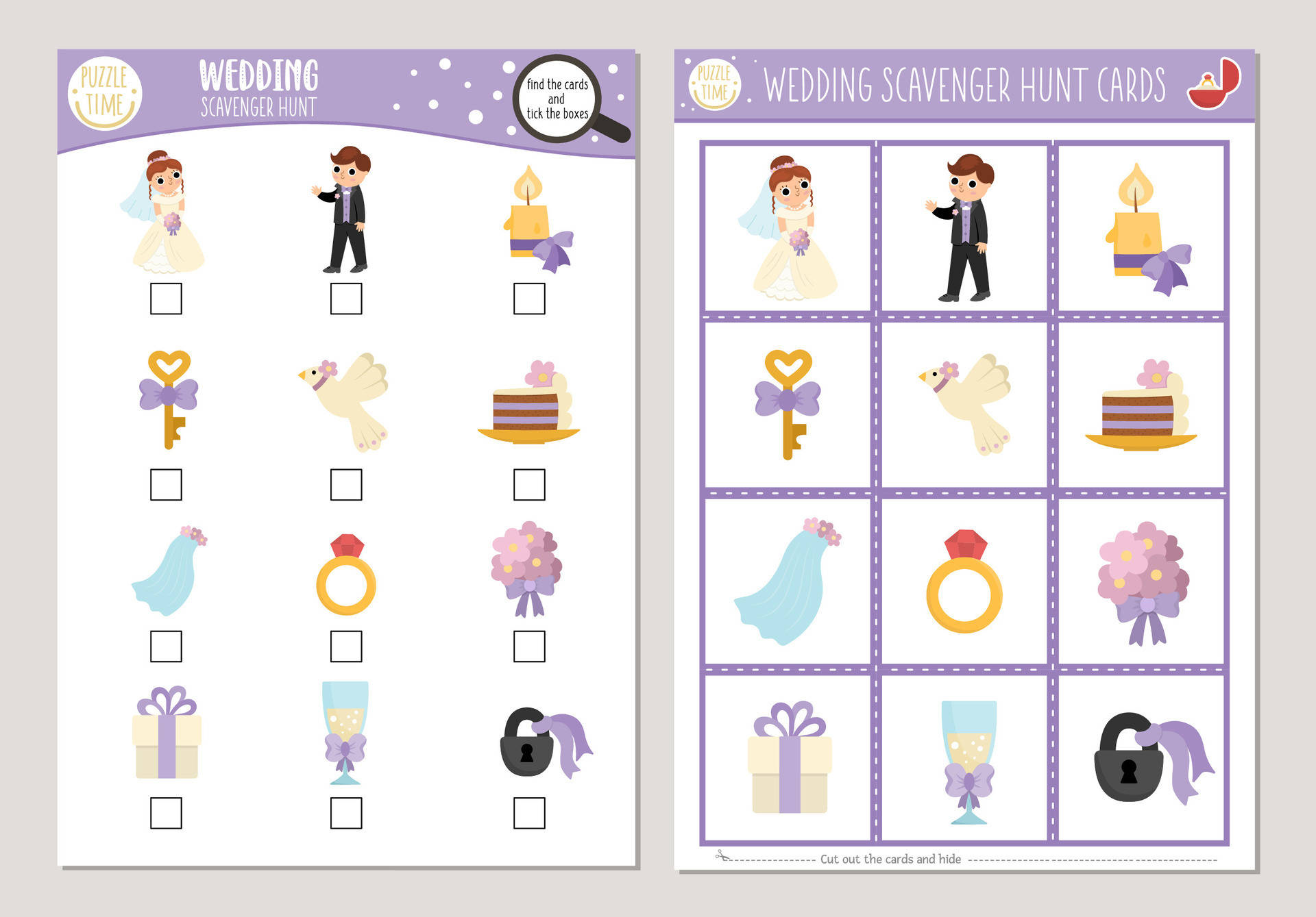 Vector wedding scavenger hunt cards set. Seek and find game with cute