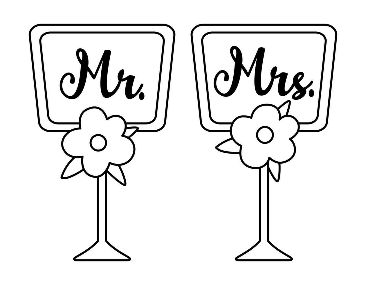 Vector black and white wedding dining table plates with Mr. and Mrs. Inscription. Cute marriage line symbol clipart element for bride and groom. Just married couple banquet decoration