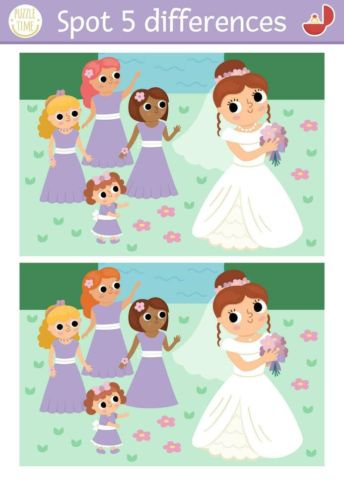 Find differences game for children. Wedding educational activity with cute married girl. Marriage ceremony puzzle for kids with bride throwing bouquet to bridesmaids. Printable worksheet vector