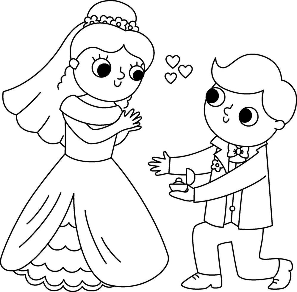 vector negro y blanco ilustración con novio dando el anillo a el novia. sólo casado Pareja. Boda ceremonia línea icono. dibujos animados matrimonio colorante página con recién casado Pareja y propuesta