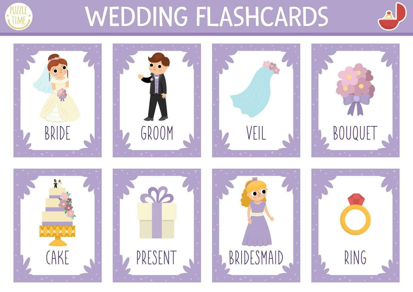 Vector wedding cards set. English language game with bride and groom for kids. Marriage ceremony flashcards with bridesmaid, ring, cake. Simple educational printable worksheet.