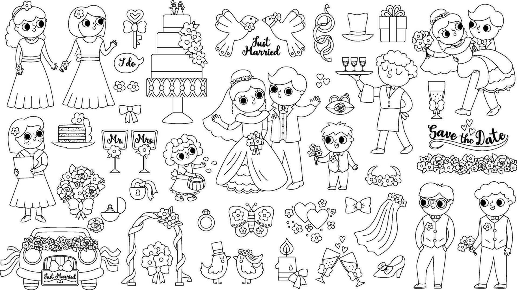 Vector big black and white wedding elements set. Cute marriage line clipart and scenes with bride and groom, bridesmaids, rings, cake. Just married couple collection. Funny ceremony coloring page
