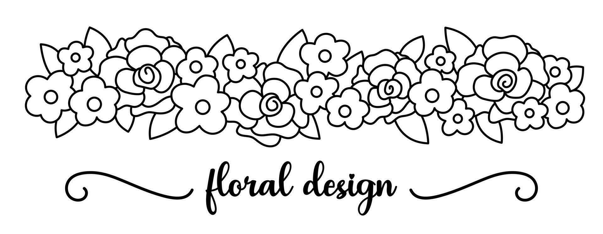 Vector black and white floral horizontal decorative line element. Flat illustration with rose flowers, leaves, branches. Beautiful spring, summer or wedding bouquet coloring page