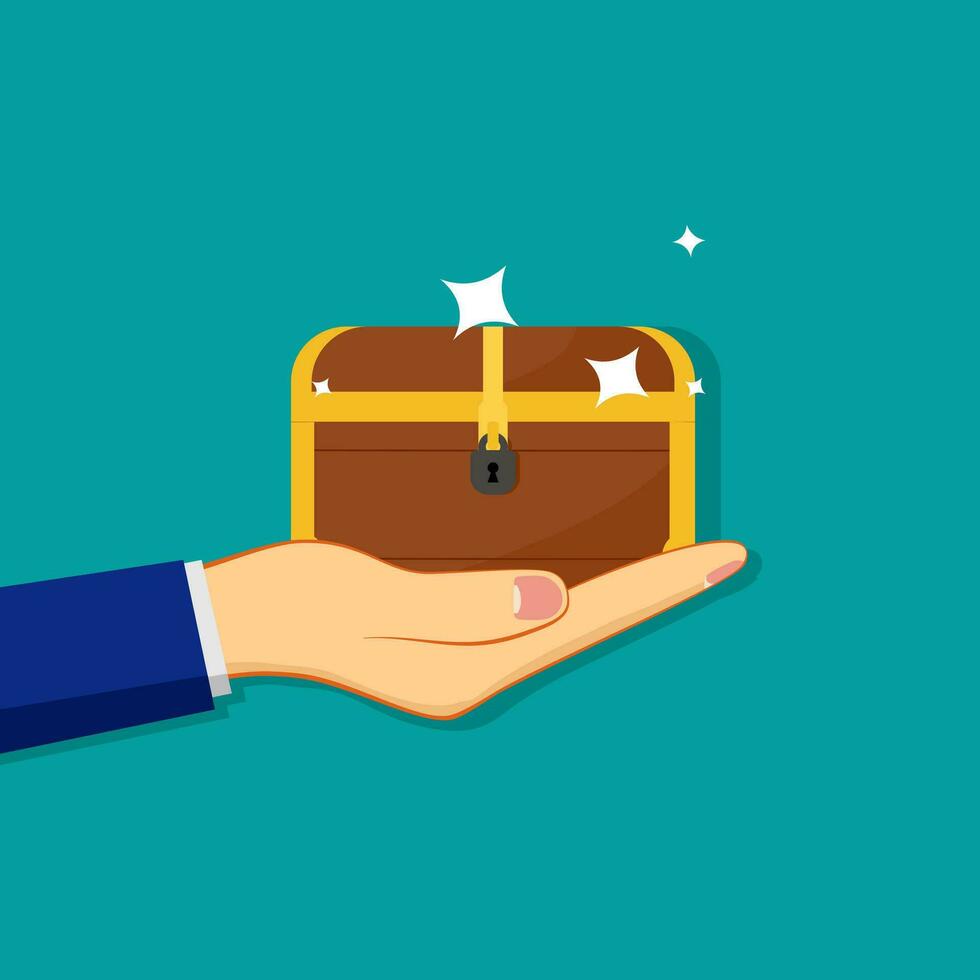 hand holding a closed treasure chest. Flat style vector