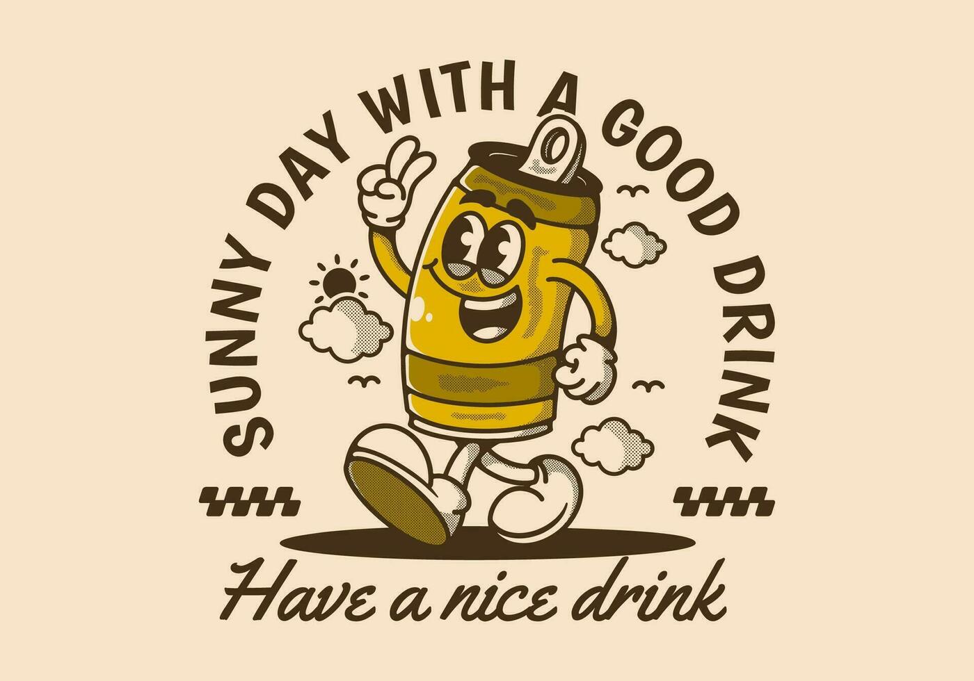 tener un bonito beber. soleado día con un bueno beber. mascota personaje ilustración de caminando cerveza lata vector