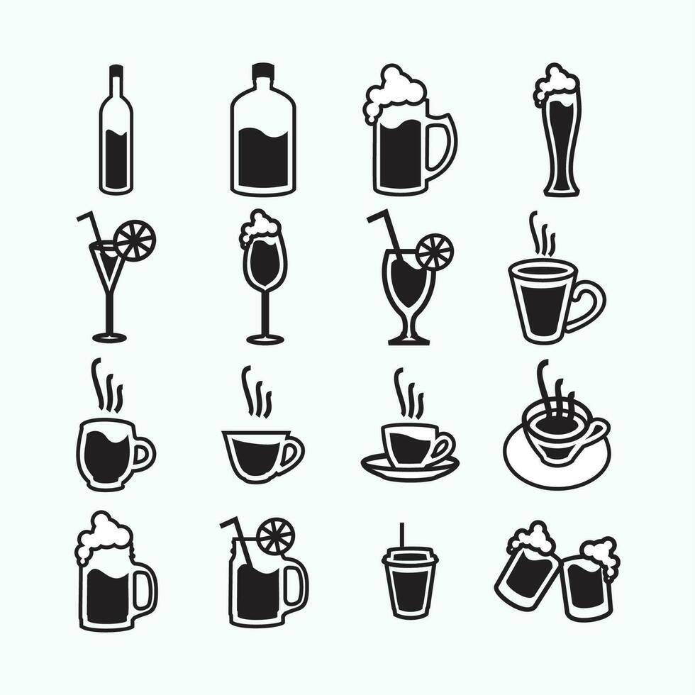 vector ilustración - negro lentes té taza, café taza, bebida vaso, botella para vino o café para café o bar - plano silueta estilo