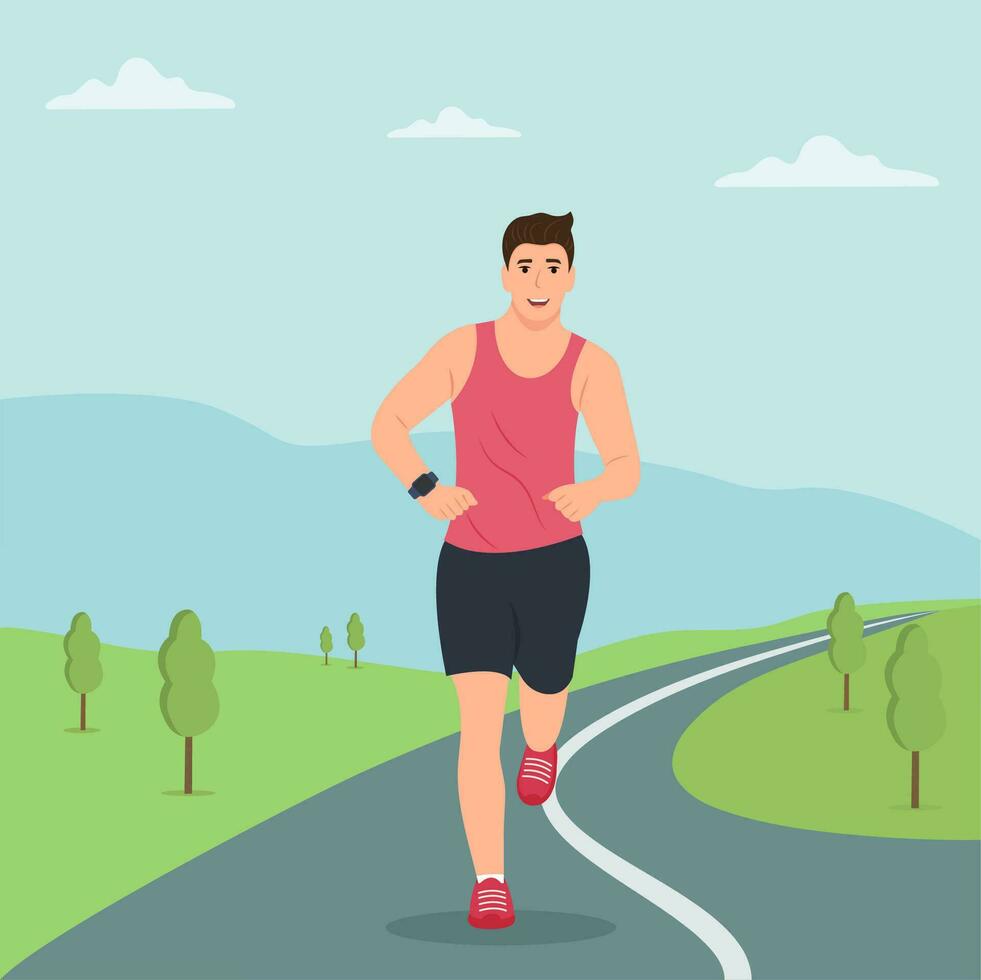 Attractive young man in sportswear running. Fitness and healthy lifestyle concept. Simple landscape background.  Flat vector illustration