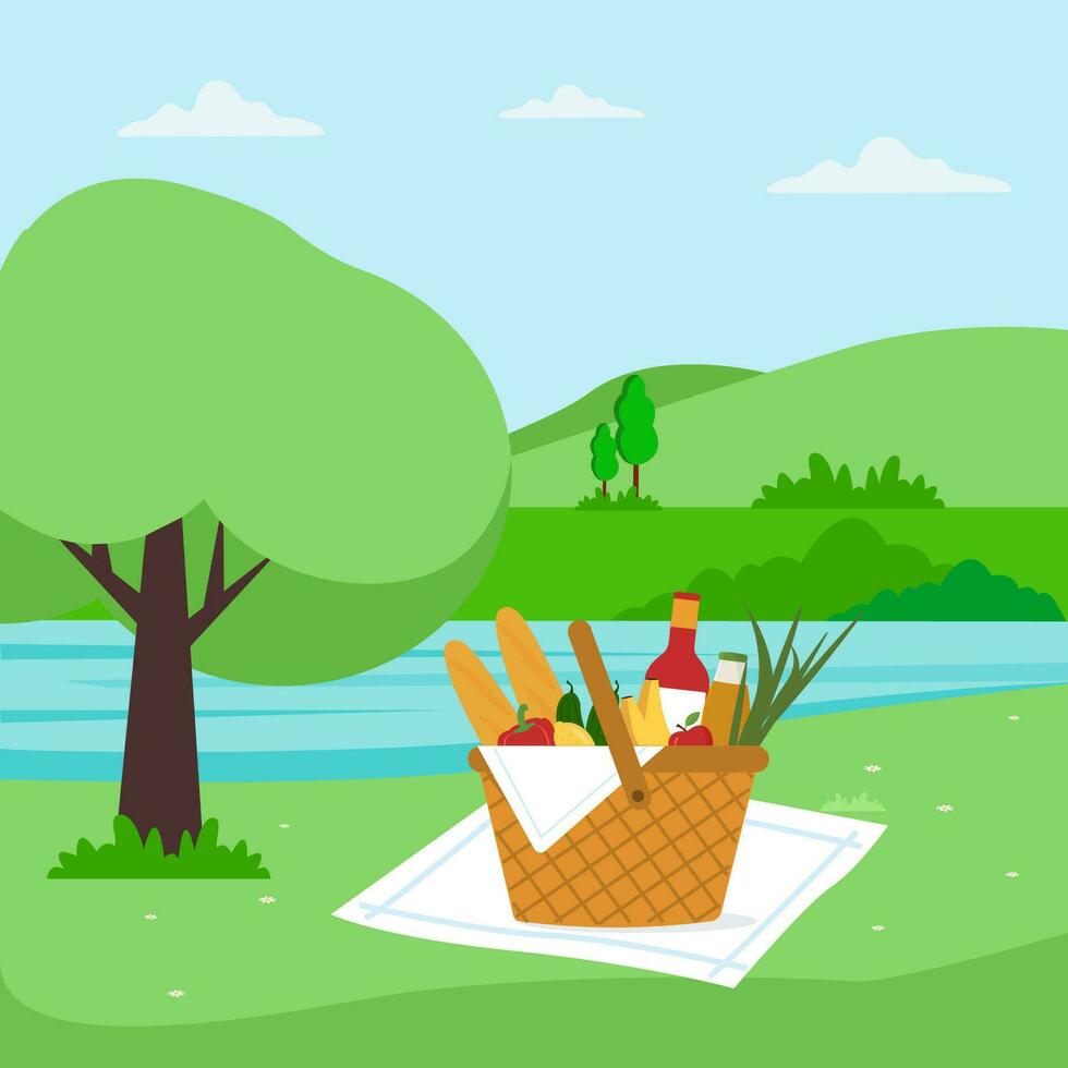 Summer picnic.Picnic basket on grass full of food and drinks  for outdoor lunch.Field and sky landscape Vector illustration in flat style.