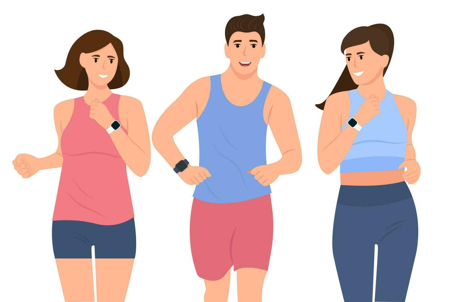 amigos en ropa de deporte trotar juntos. activo y sano estilo de vida. vector ilustración aislado en blanco antecedentes.