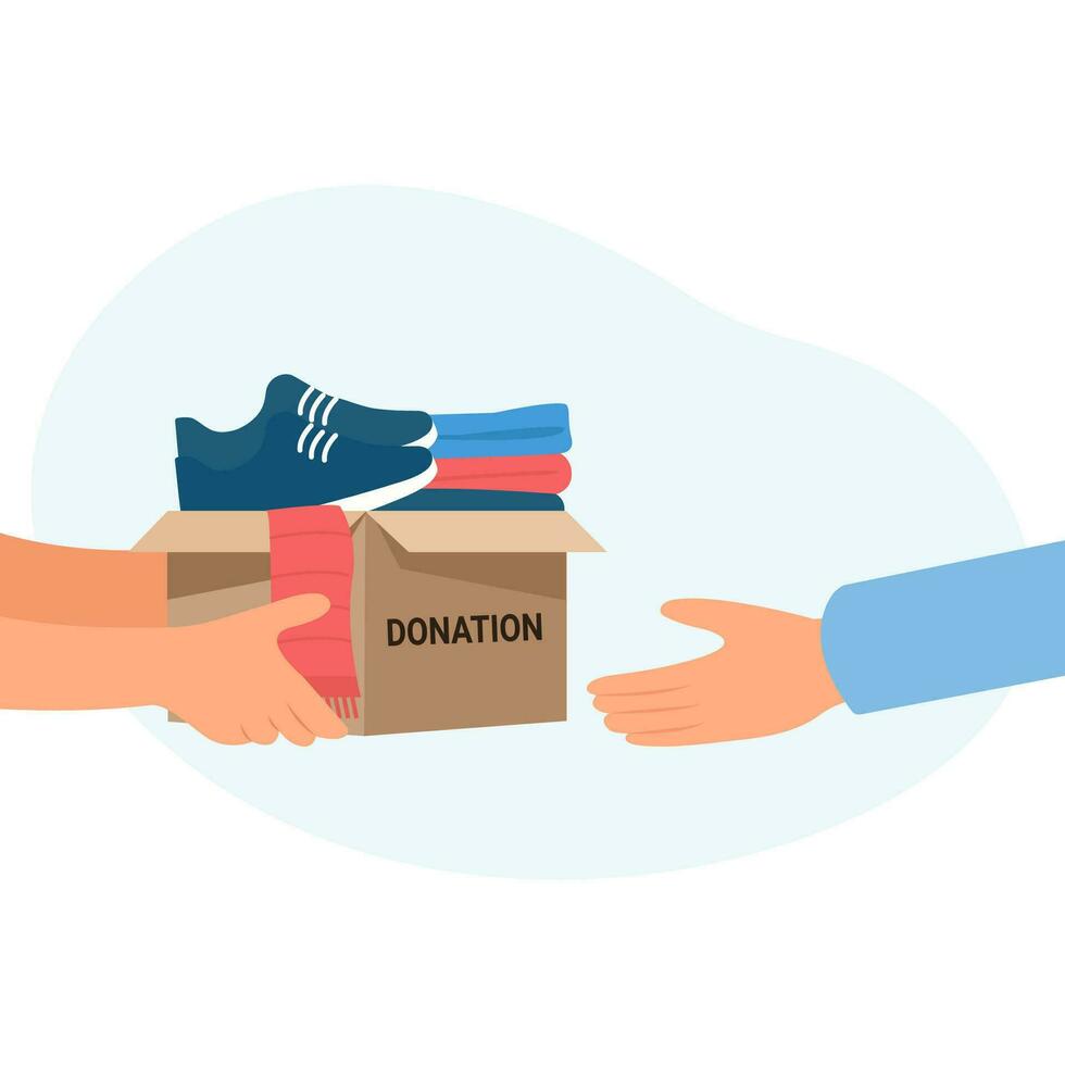 Clothes donation. Hands holding box full of clothes and accessories. Sharing clothes to people. Flat vector illustration