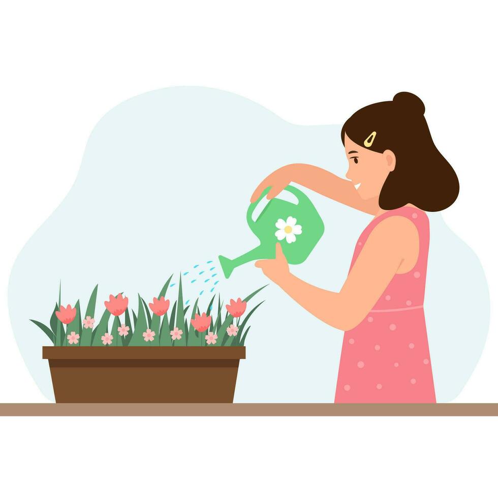 Happy kid watering flowers in the pot with watering can Household chores and routine. Flat vector illustration