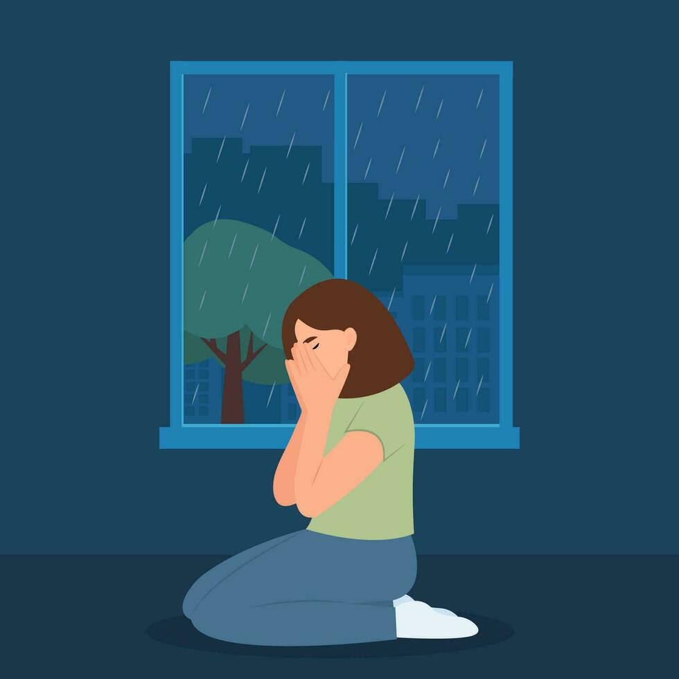 Deprimido ansioso niña sentado en el piso. lluvioso clima. solitario triste mujer llantos cubierta su cara con su manos.la concepto de mental trastorno, tristeza y depresión.vector ilustración vector