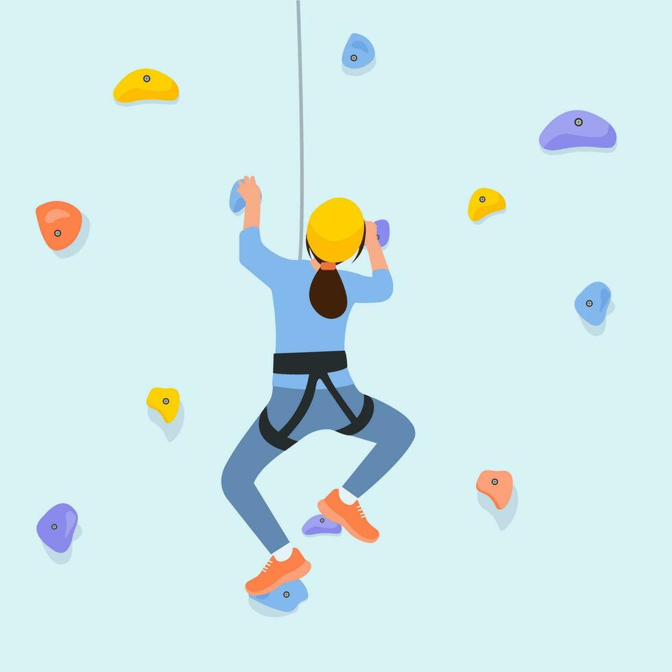 Extreme sports and active lifestyle concept. Woman with rope training on climbing rock wall.Using personal protective equipment.Vector illustration vector
