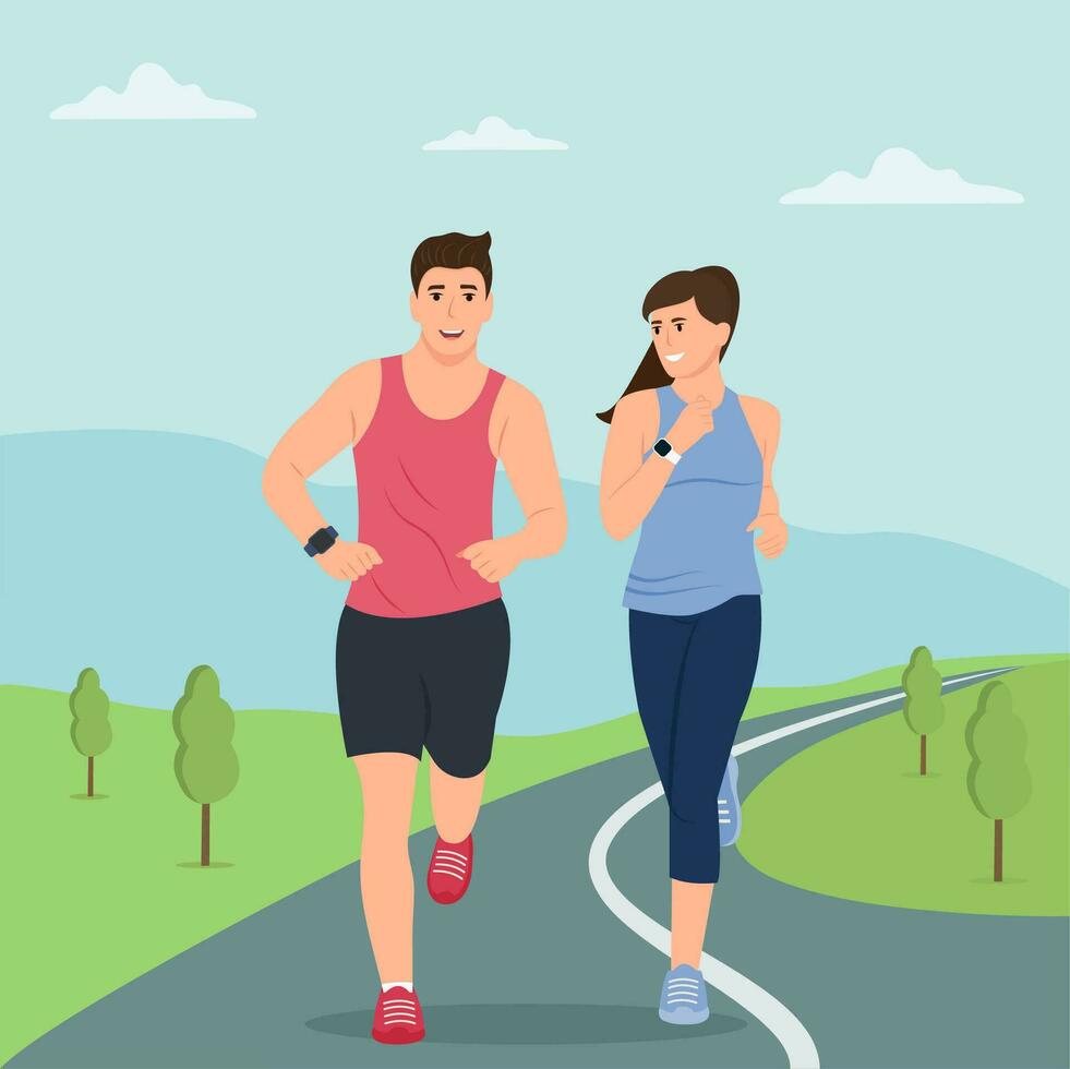 Happy man and woman running outdoor together. Sport activity, healthy lifestyle. . Simple landscape background.  Flat vector illustration