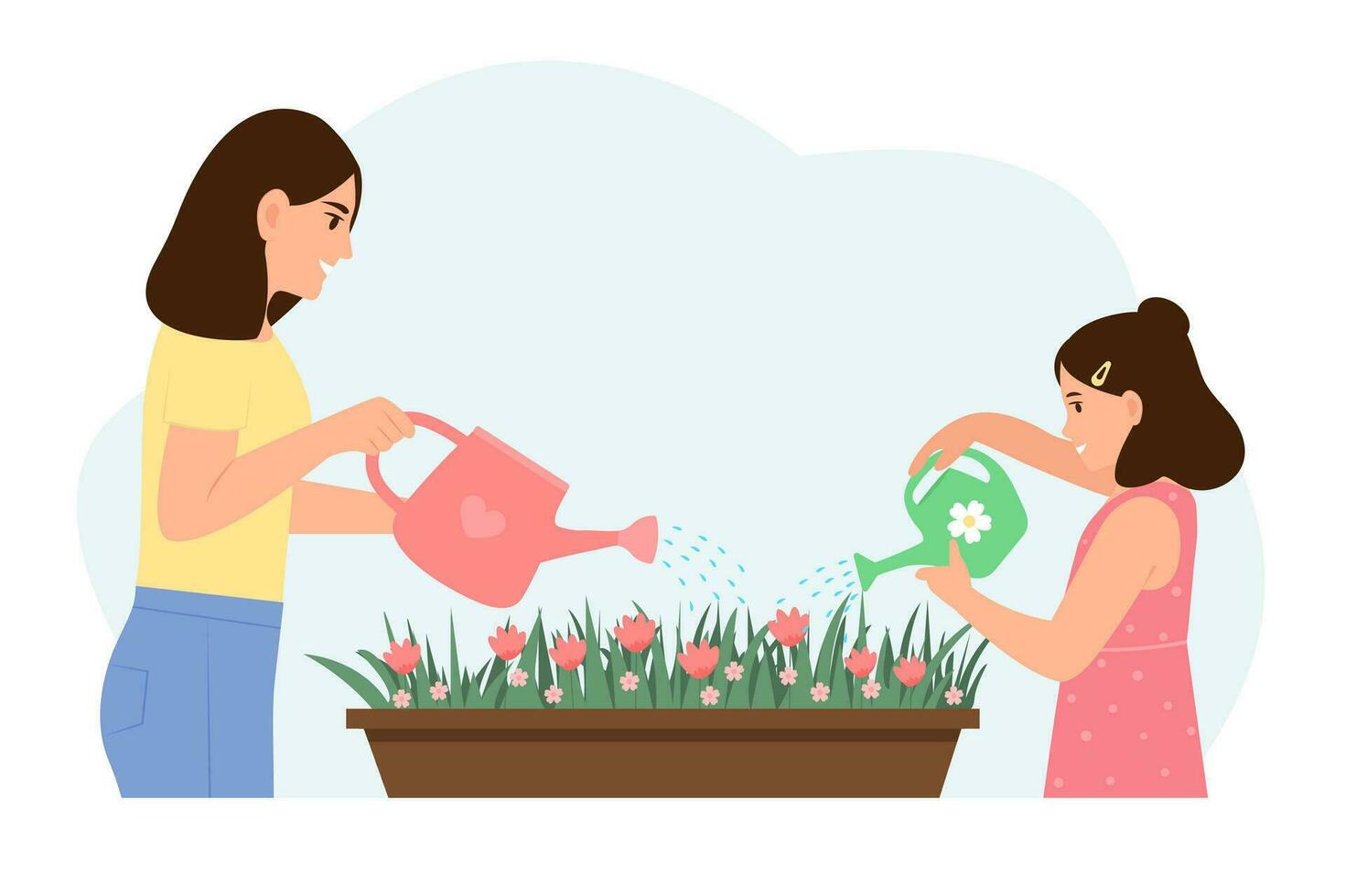 Mom and daughter watering flowers.Houseplant care hobby and family housekeeping chores, parental child care, homeschooling. Vector illustration