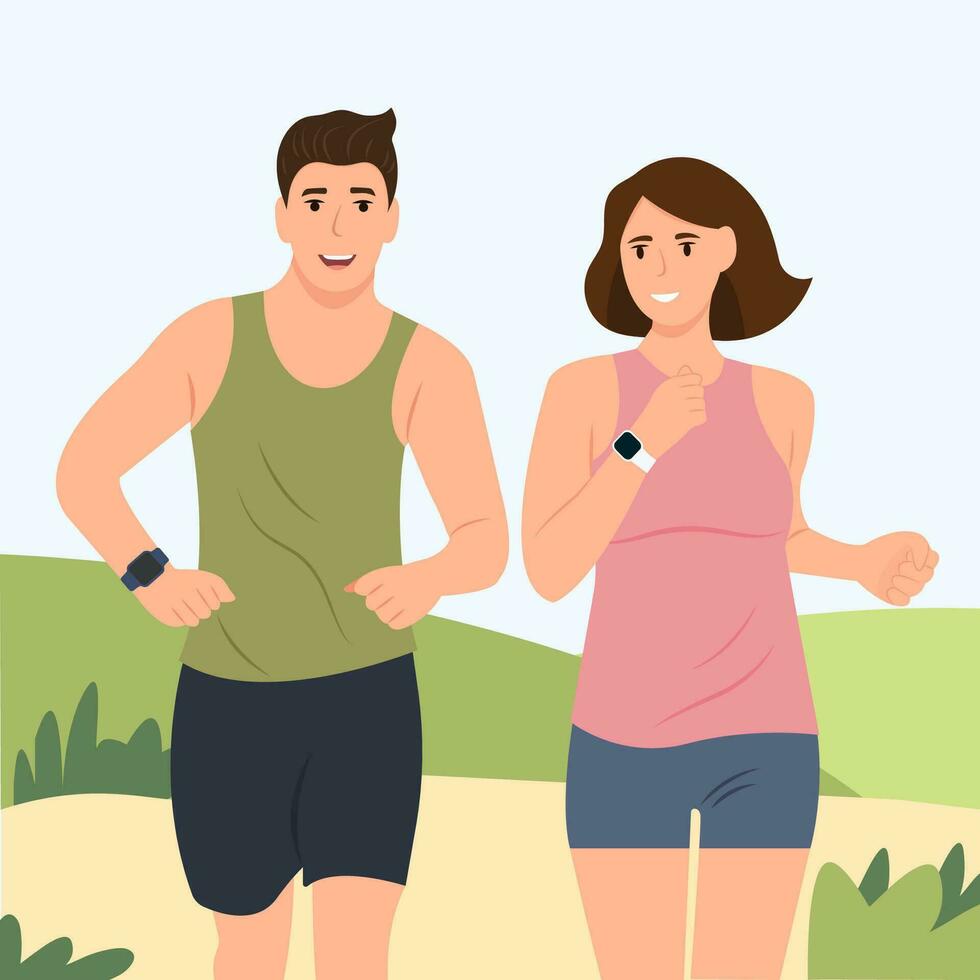 aptitud y sano estilo de vida concepto.feliz hombre y mujer corriendo al aire libre juntos. deporte actividad, sano estilo de vida. plano vector dibujos animados ilustración