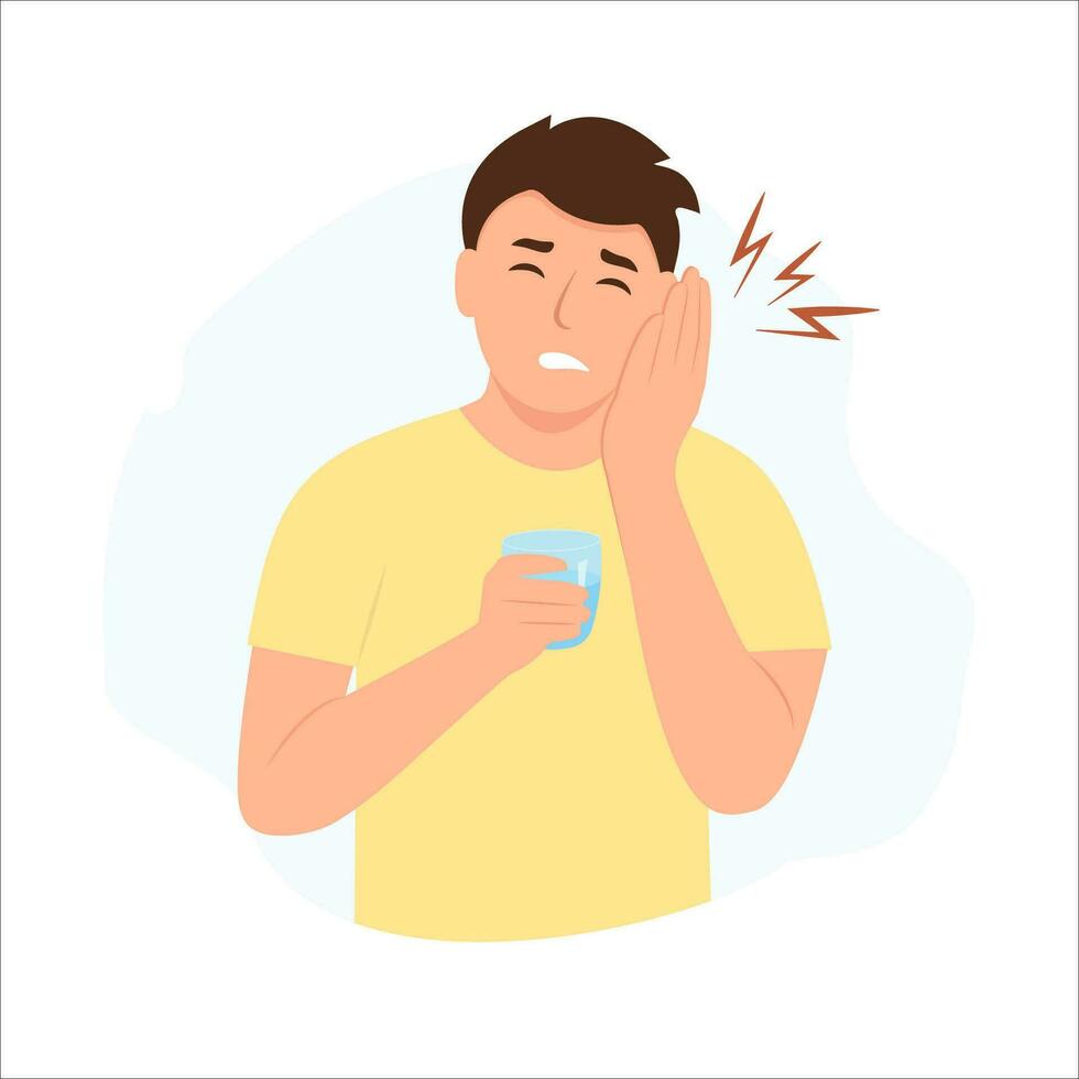 Man with sensitive teeth. Guy having toothache holding glass of cold water and touching his cheek. Dental problem concept vector illustration.