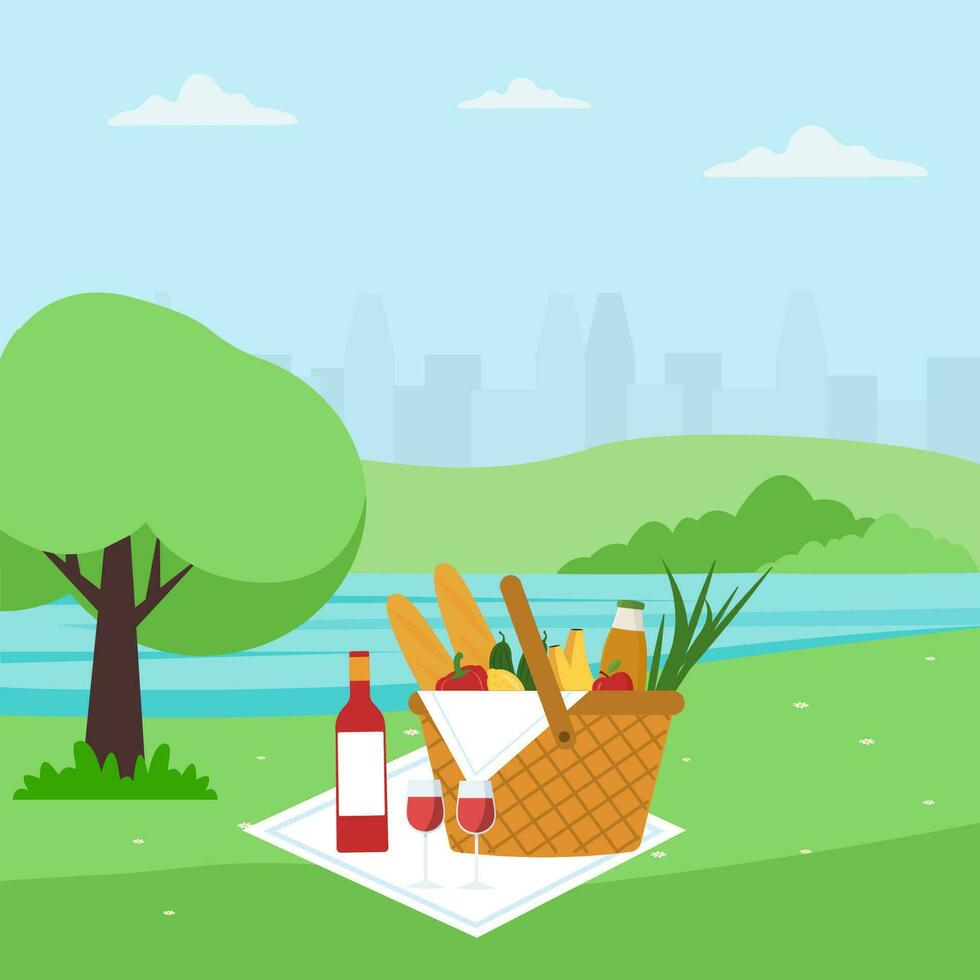 Summer picnic.Picnic basket on grass full of food and drinks vector