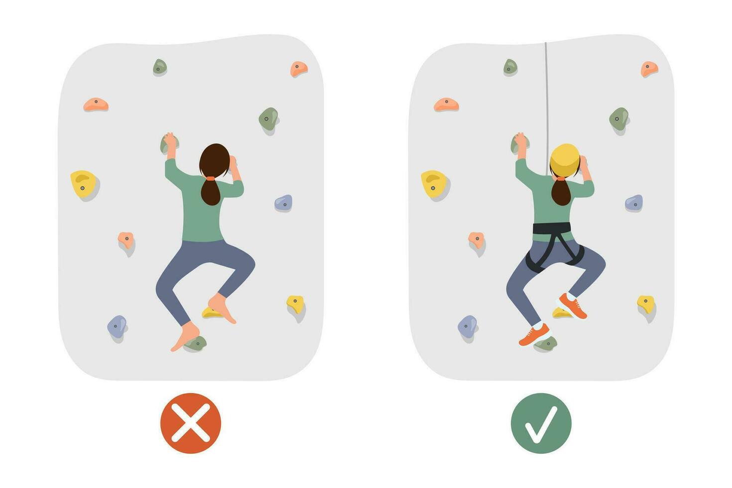 A climbing wall safety rules. Female athlete with rope training on climbing rock wall.Using personal protective equipment.Vector illustration vector