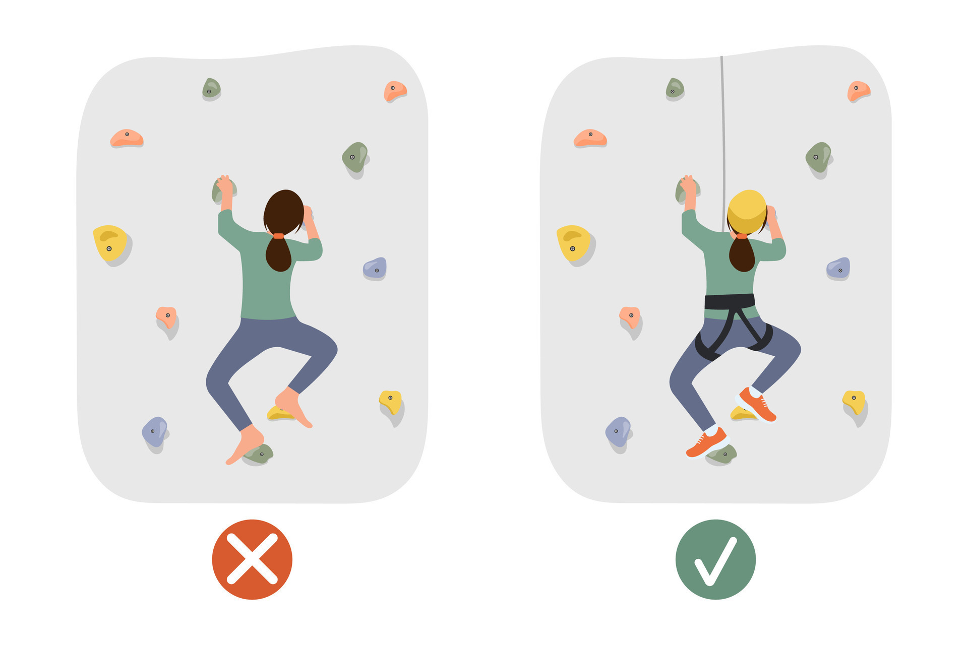 A climbing wall safety rules. Female athlete with rope training on