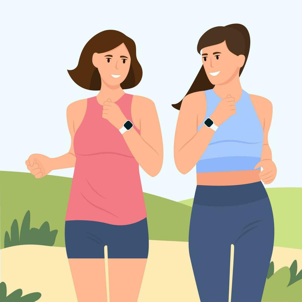 Attractive young girls running. Fitness and healthy lifestyle concept.Happy man and woman running outdoor together. Sport activity, healthy lifestyle. Flat vector cartoon illustration