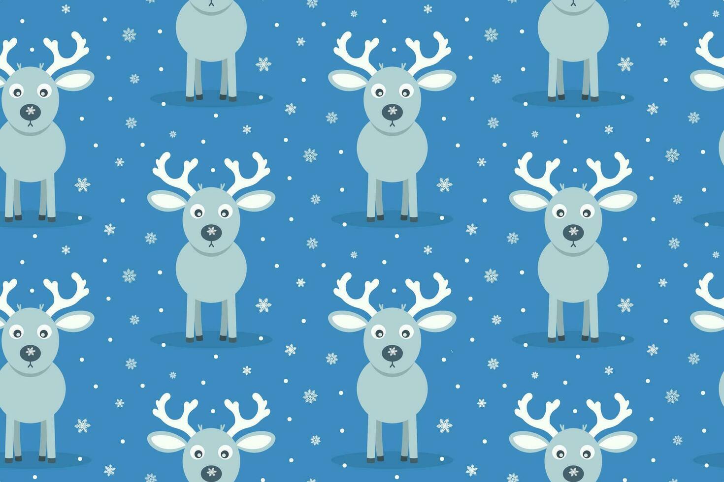 Cute Gray Reindeer Seamless Pattern. Vector Blue Background with Snowflakes. Christmas Deer Character. Design for Wrapping Paper, Fabric or Wallpaper