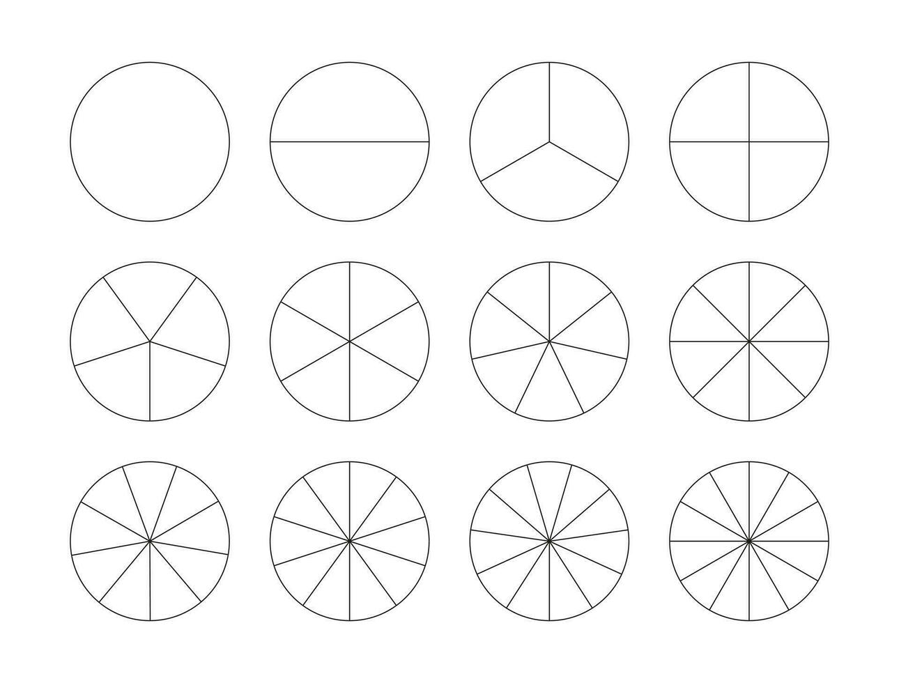 segmentario cartas pizza, tarta gráfico modelo. segmentos infografía iconos muchos número de sectores dividir el circulo en igual partes. contorno negro Delgado gráficos. conjunto de cartas diagrama rueda partes. eps. vector