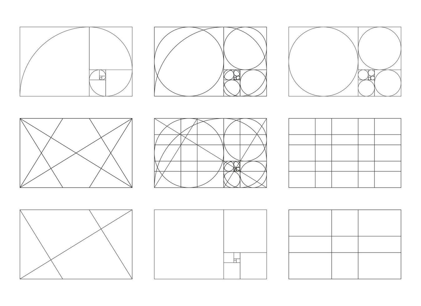 Golden ratio template set. Method golden section. Fibonacci array, numbers. Harmony proportions. Golden division frames, grids. vector