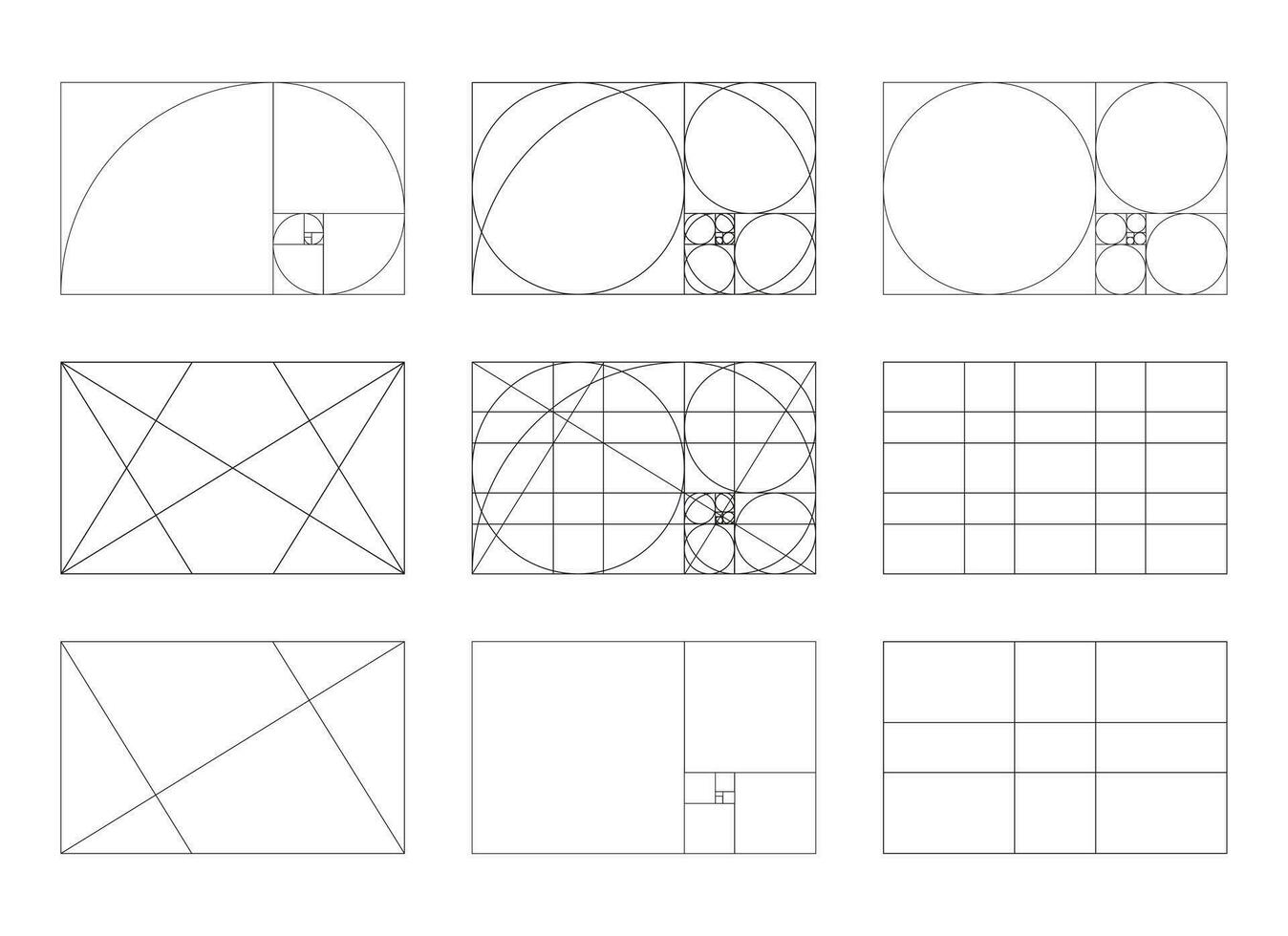 dorado proporción modelo colocar. método dorado sección. fibonacci formación, números. armonía dimensiones. dorado división marcos, rejillas vector