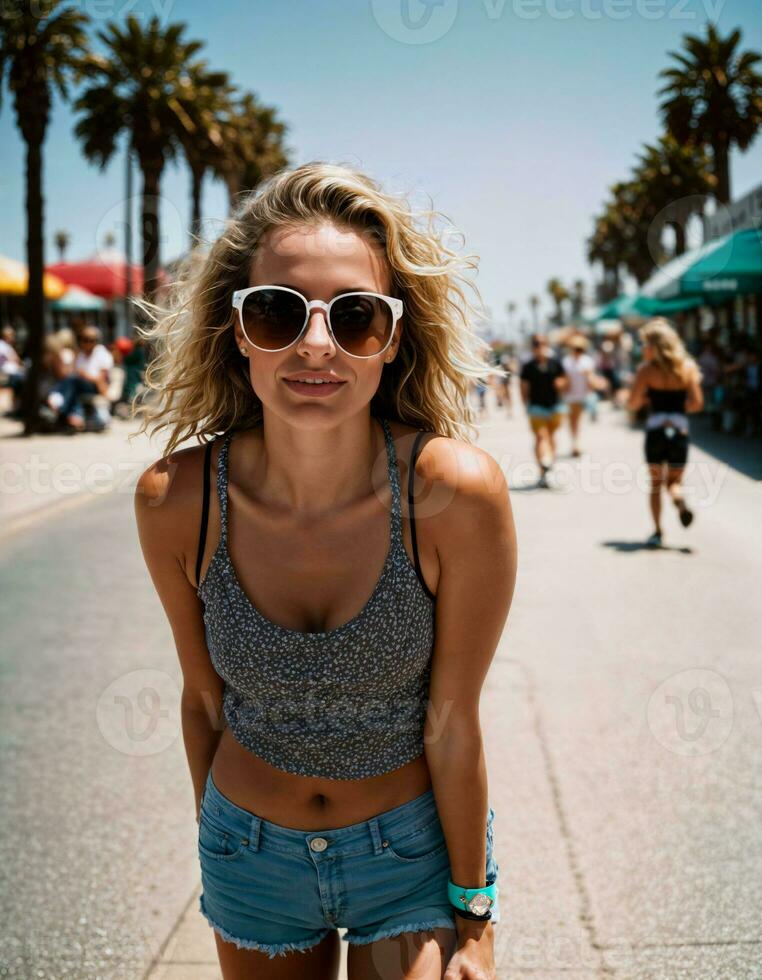 AI generated photo of beautiful woman with sunglasses and helmet at sand beach city street, generative AI