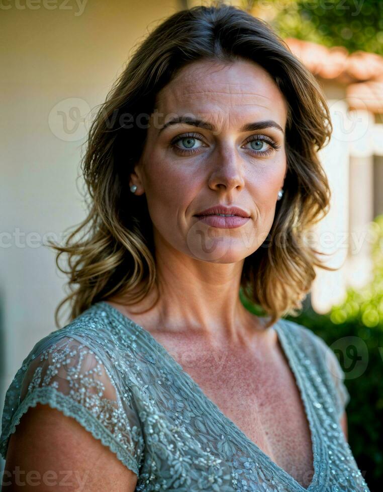 AI generated photo of beautiful woman standing at her penthouse resident, generative AI
