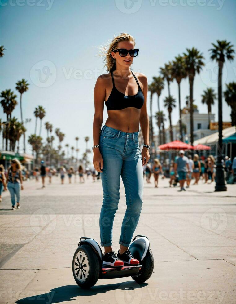 AI generated photo of beautiful woman with sunglasses and helmet riding segway scooter at sand beach city street, generative AI