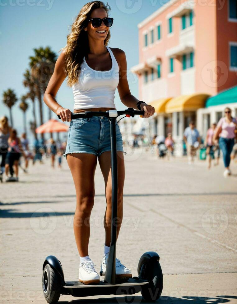 AI generated photo of beautiful woman with sunglasses and helmet riding segway scooter at sand beach city street, generative AI