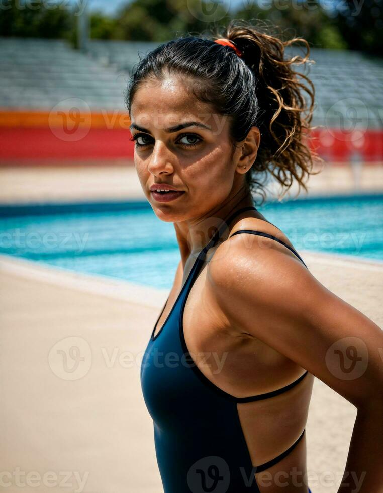 AI generated photo of beautiful woman as a swimmer athlete with swimming suit at swimming pool, generative AI