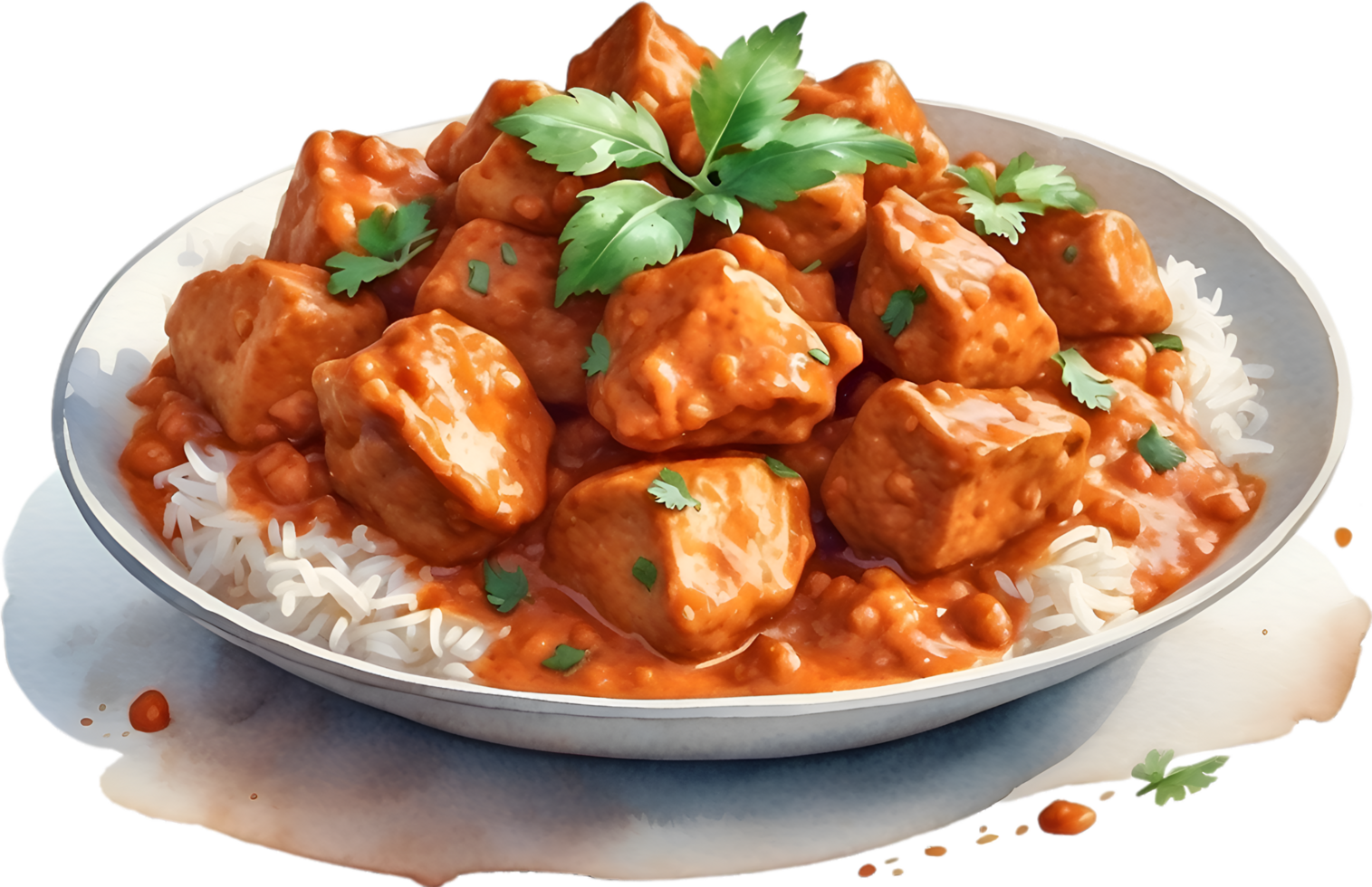 AI generated Watercolor painting of a delicious-looking Chicken Tikka Masala. Ai-generated. png