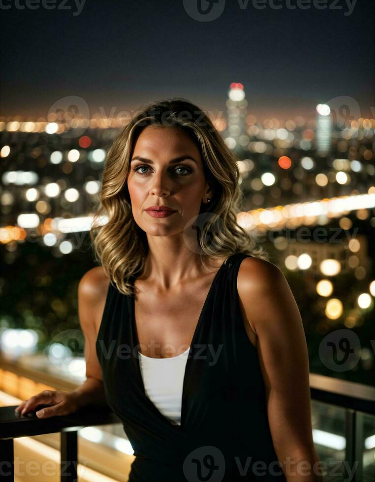 AI generated photo of beautiful woman standing at balcony with city building in background at night, generative AI