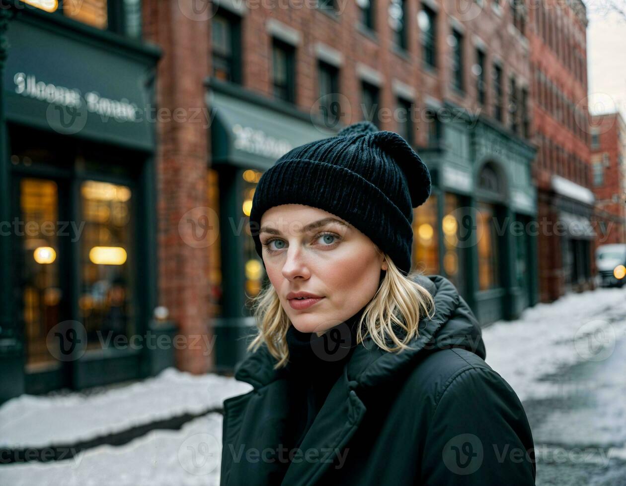 AI generated photo of beautiful woman with winter coat standing in front of building in winter season, generative AI