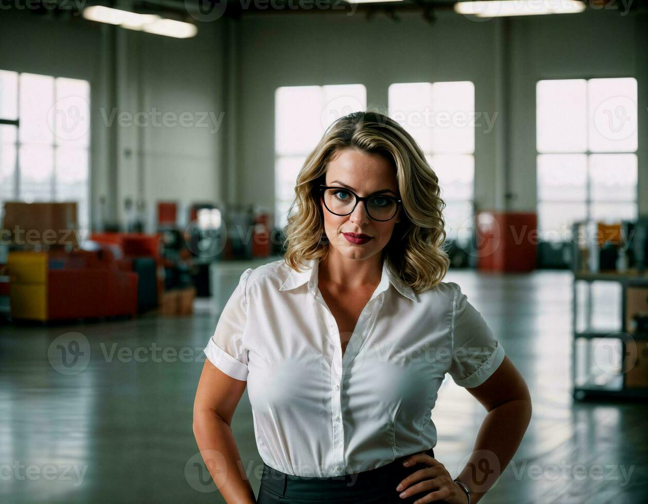 AI generated photo of beautiful woman with blonde hair and white shirt top and glasses as a office secretary standing at the office, generative AI