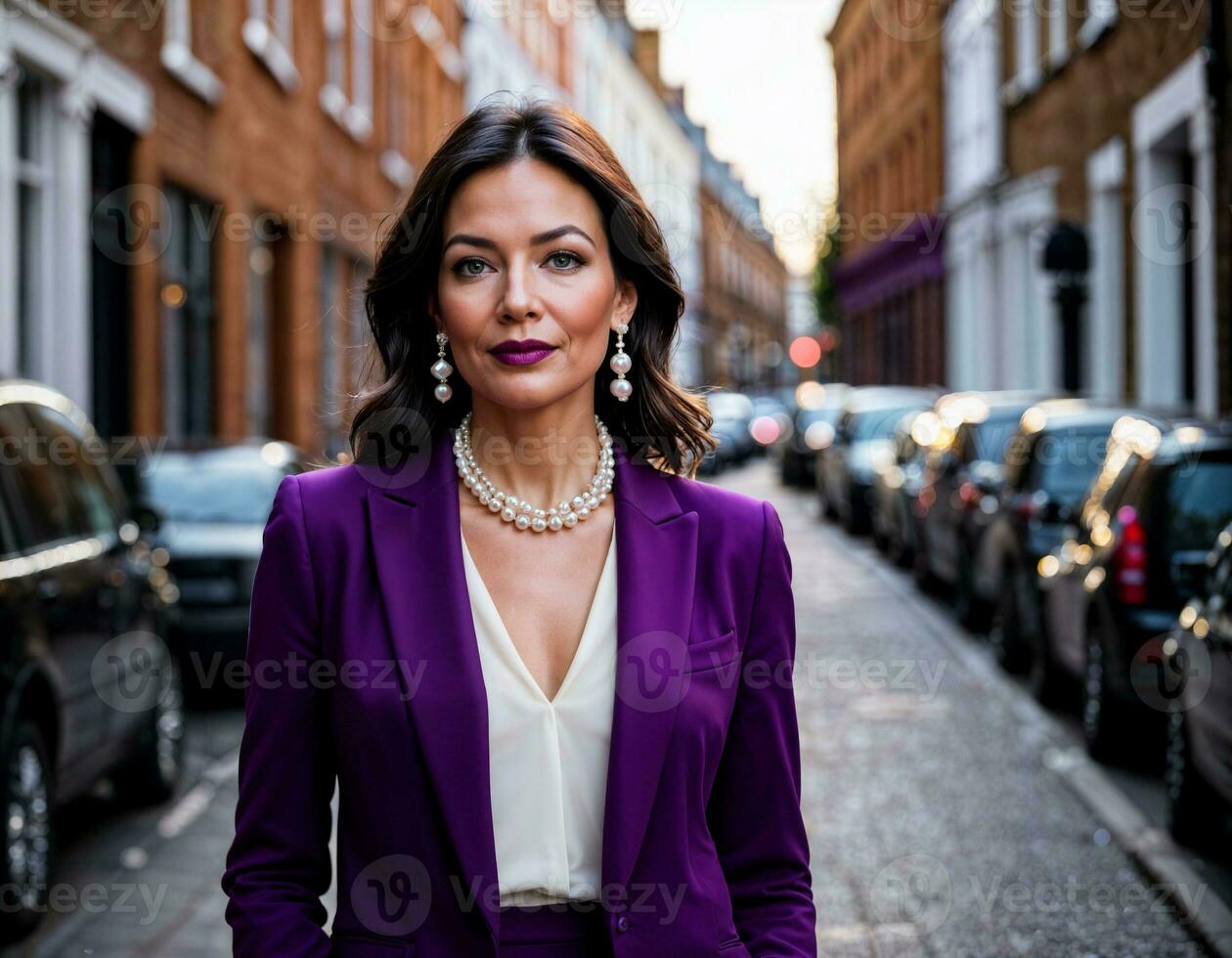 AI generated photo of beautiful woman with black turtleneck and bold purple suit and purple trouser standing at street in the morning, generative AI