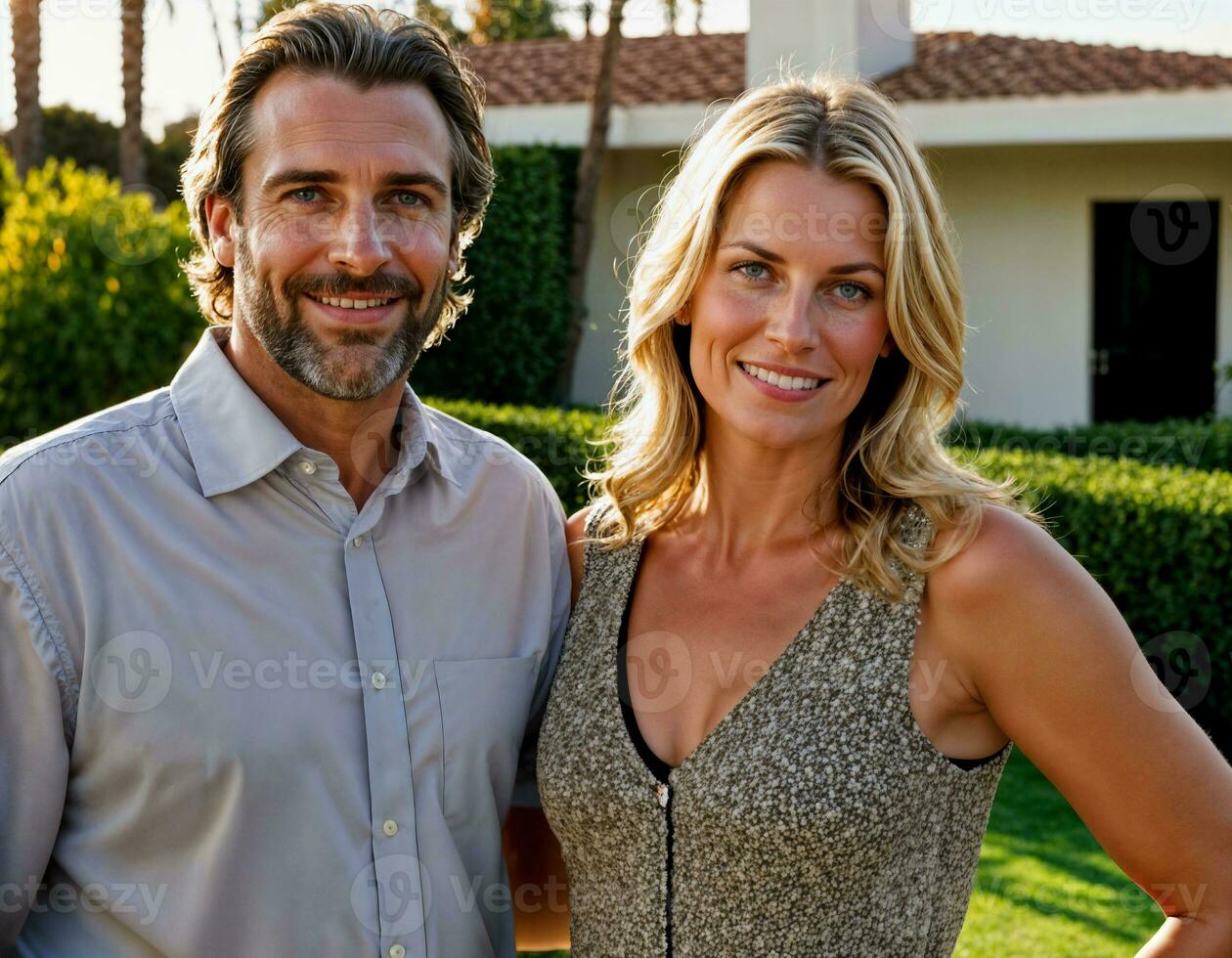 AI generated photo of beautiful and handsome lover standing at their penthouse resident, generative AI