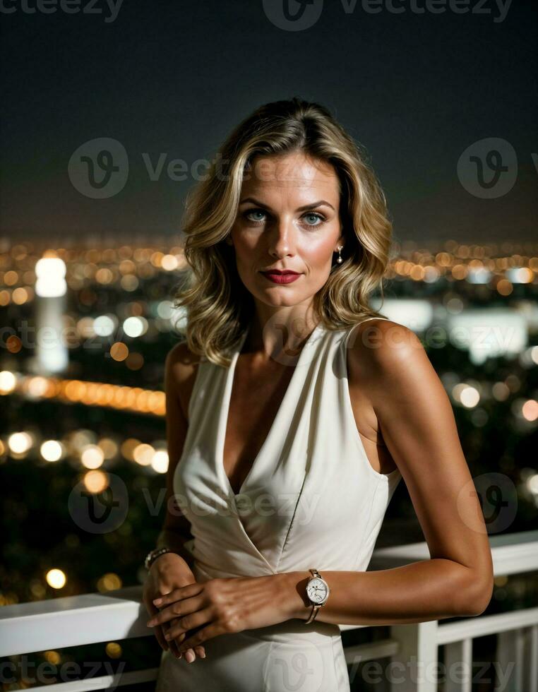 AI generated photo of beautiful woman standing at balcony with city building in background at night, generative AI