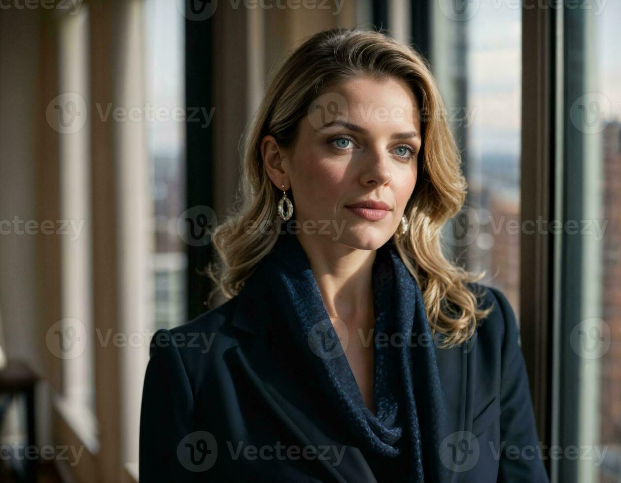 AI generated photo of beautiful woman with navy coat and scarf standing at balcony residence living room, generative AI