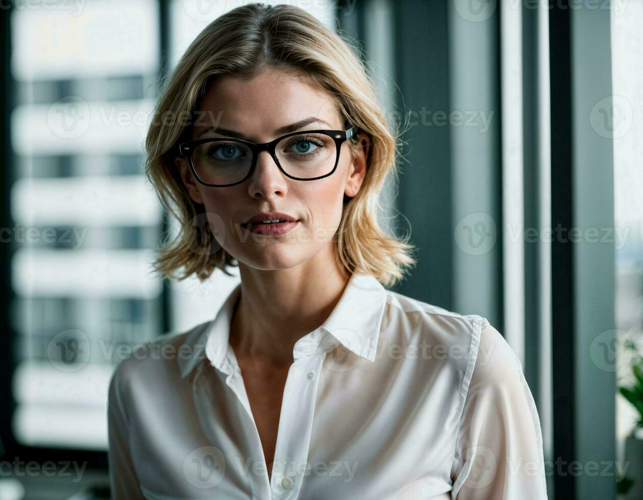 AI generated photo of beautiful woman with blonde hair and white shirt top and glasses as a office secretary standing at the office, generative AI